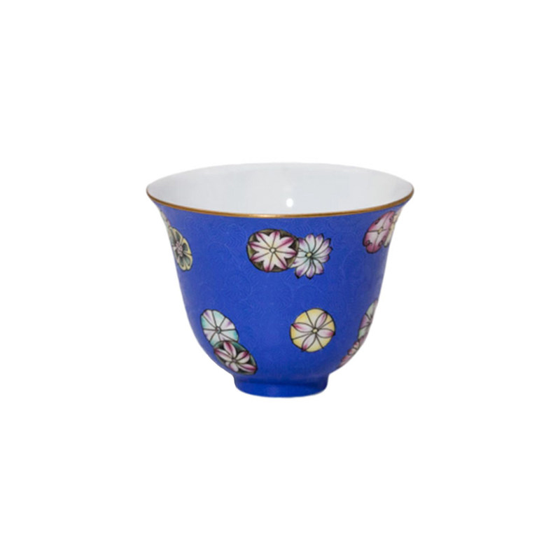渌水山房 台湾隐樵山房 宝蓝釉耙花粉彩皮球花玉兰杯 仿古主人杯