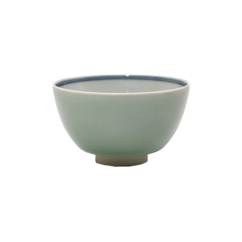 渌水山房 布一窑 柴烧豆青釉内绘青花莲瓣纹罗汉茶盏 主人杯