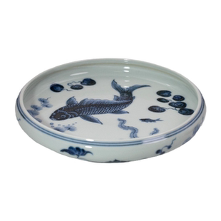 渌水山房 布一窑珍藏款 柴烧青花鱼乐图笔洗 水洗 仿明圆口盘