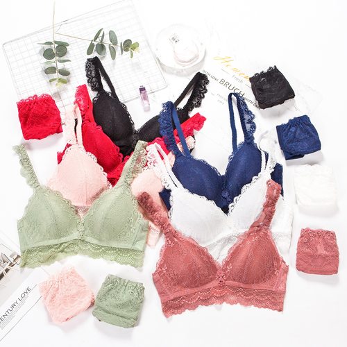 新款聚拢绣花内衣胸罩 蕾丝透气性感美背无钢圈文胸套装