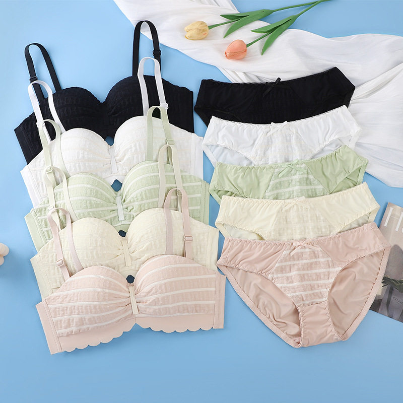 提花条纹无钢圈半杯内衣套装性感美背软支撑文胸舒适聚拢文胸套装