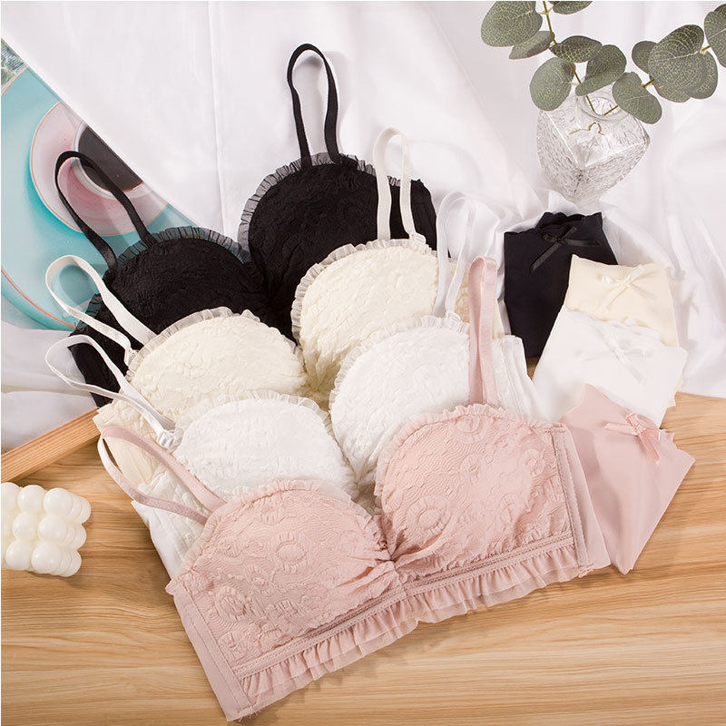 日系清纯蕾丝内衣调整型胸罩美背胸罩无钢圈聚拢上托少女文胸套装