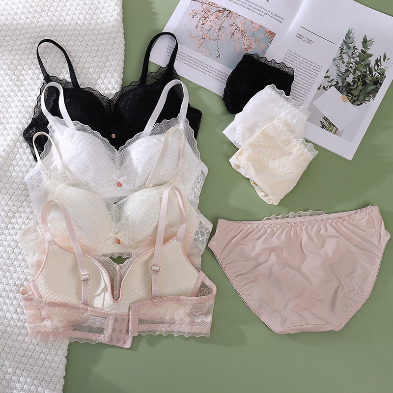 性感聚拢美背内衣套装无钢圈软支撑文胸蝴蝶结蕾丝花边文胸套装