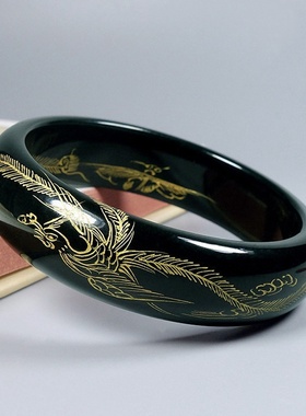 洋勋珠宝新疆和田玉青玉手镯龙凤描金玉镯贵妇镯宽条中款玉石镯子