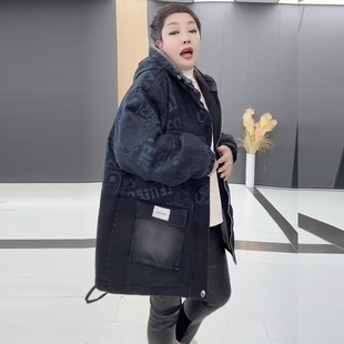 胖妹妹mm冬季大码休闲时尚派克大衣女装加绒保暖防寒牛仔连帽外套