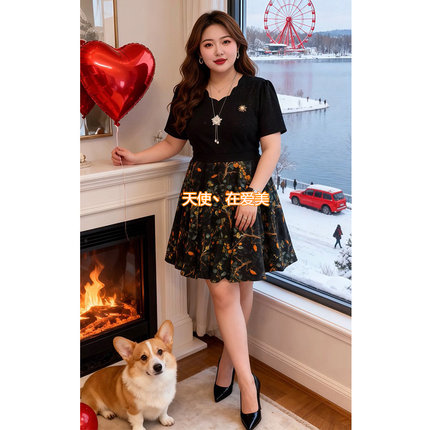 大码女装夏季时尚V领拼纱短袖高腰连衣裙胖mm潮流甜美显瘦小花裙
