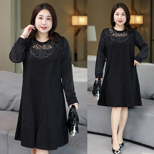 遮肉显瘦蕾丝花边重工烫钻连衣裙洋气时尚 新款 女士秋装 胖mm加大码