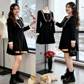 时尚 别致气质大码 女装 胖妹妹春秋新款 重工链条装 饰高端洋气连衣裙