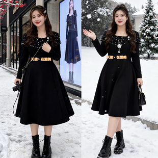200斤大码女装春秋新款时尚洋气钉珠连衣裙胖妹妹mm气质显瘦百搭