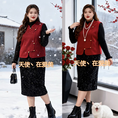 胖妹妹大码女装新款套装秋冬毛呢盘扣马甲打底衫亮片半身裙三件套