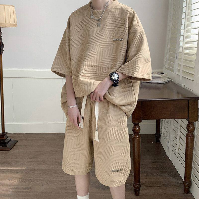 lecanfit男休闲运动套装帅气港风大码短袖潮牌夏季两件套搭配短裤