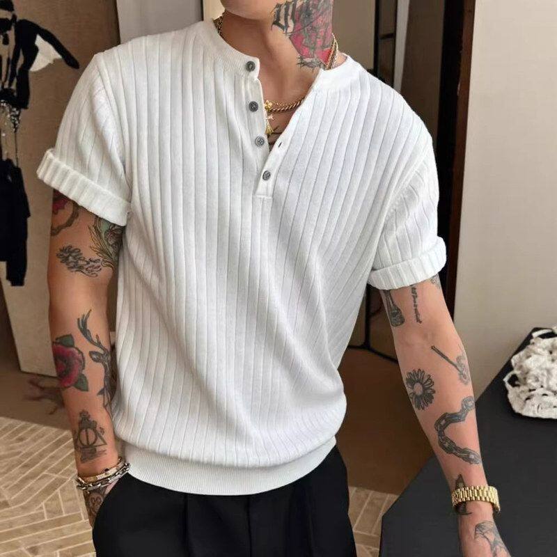 男款搭坑条夏季冰丝风老钱肌理轻熟亨利领风穿短袖通勤针织衫t恤