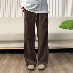 卫裤 纹咖啡色人字垂感长裤 子褶皱秋季 美式 男款 潮牌针织直筒休闲裤