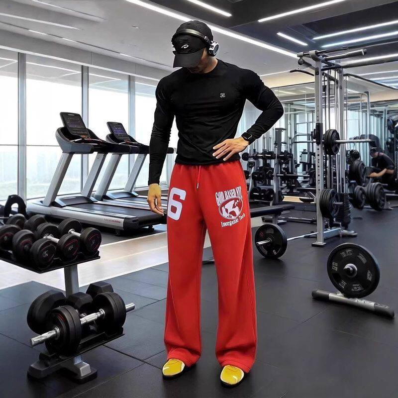 运动阔腿夏季潮健身美式植绒卫裤红色休闲裤刺绣男女慵懒宽松弯刀