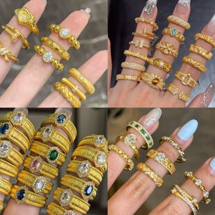 指环手饰锆石电镀椭圆形开口女小众真金设计感14k中古戒指vintage