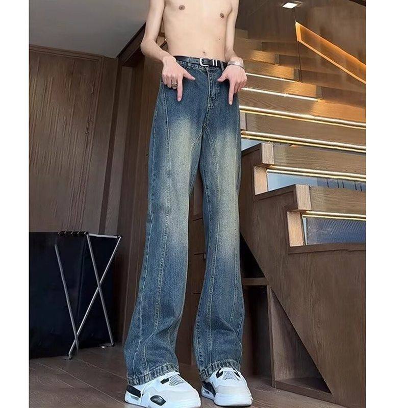美式窄男蓝微喇c弯刀春夏版高级感直筒le裤子anfit复古牛仔裤高街