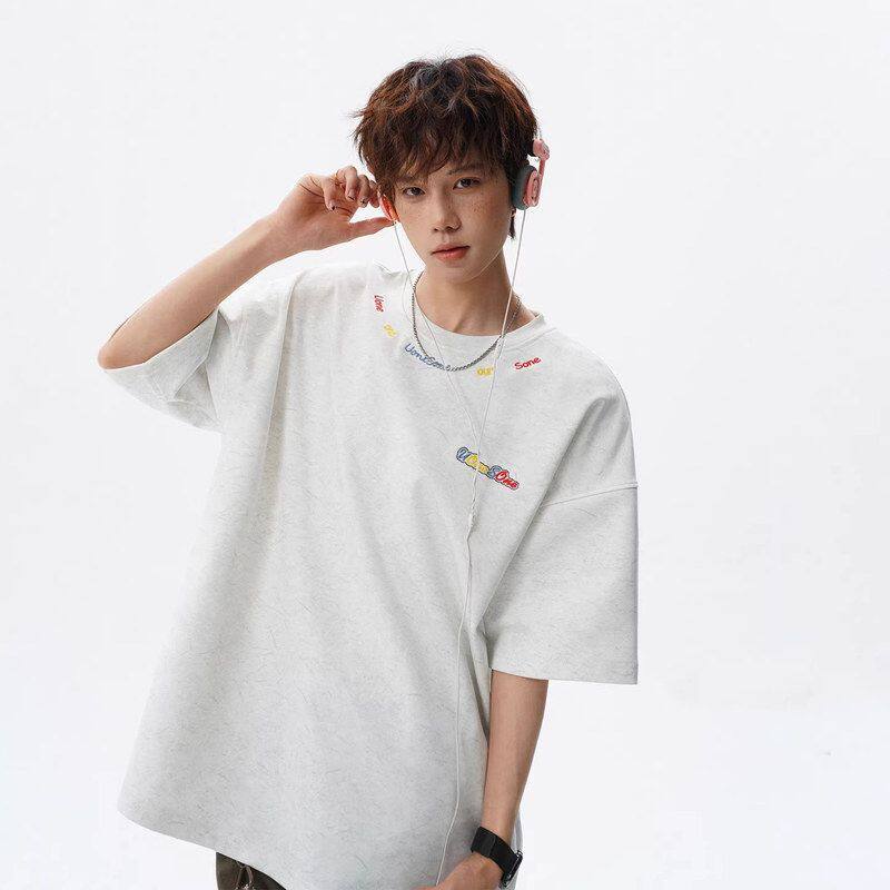 小众美式夏季设计感T恤短袖彩绣情侣宽松高级感男女圆领砂洗休闲