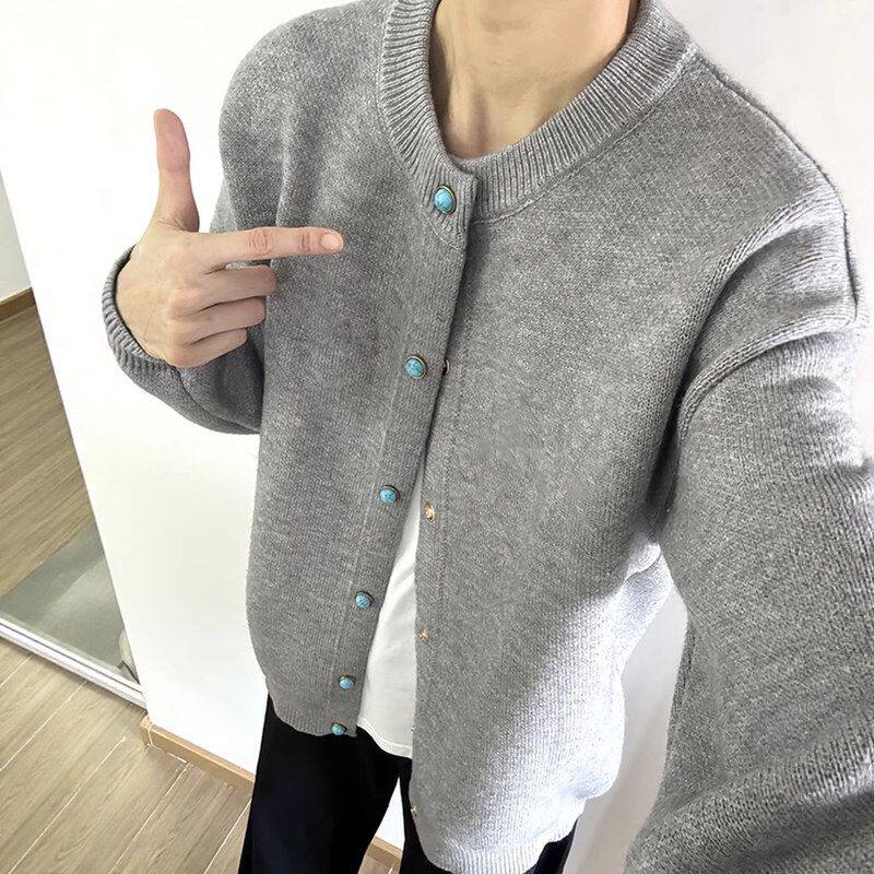 慵懒外套开衫绿松石老钱毛衣风灰色高级感美式复古男装秋季风针织