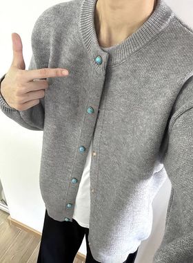 慵懒外套开衫绿松石老钱毛衣风灰色高级感美式复古男装秋季风针织