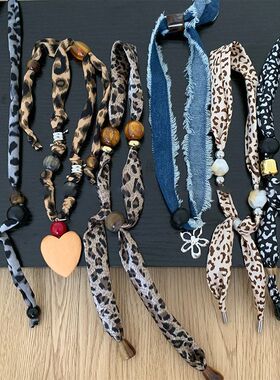 链女项饰豹纹串珠布艺项链时尚潮流锁骨小众蝴蝶结丝丝巾饰品气质