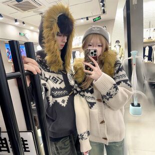 毛衣开衫美式针织连帽秋冬季外套氛围搭费尔岛男感穿复古女款毛领