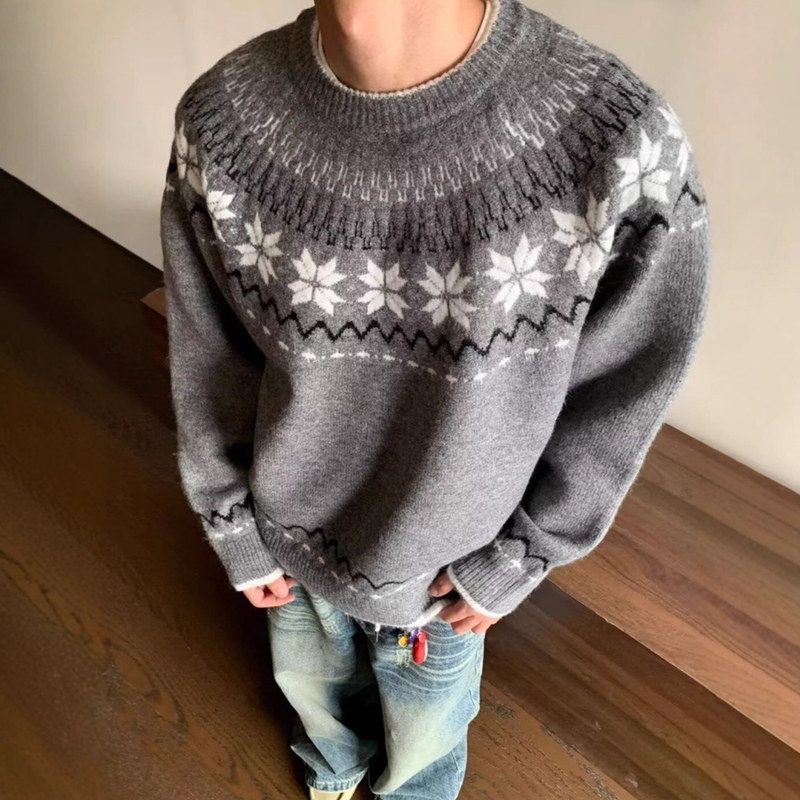 c慵懒美式秋冬针织le男anfit松弛毛衫毛衣提花感毛线衣费尔岛灰色