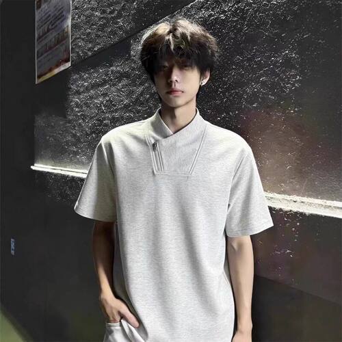 小众半袖拉链斜t恤美式正肩立领灰色夏季boxy设计感短袖痞帅男款