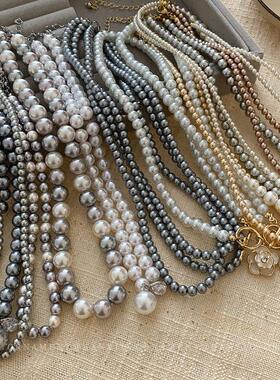 法式系花朵复古珍珠锁骨圆形链灰色项链宫廷串珠百搭气质颈链颈饰