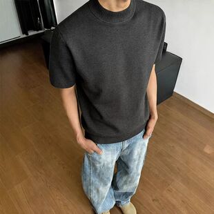 袖男款风短袖针织t恤半短款老钱深灰色半截美式上衣正肩高领夏季