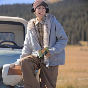 加绒冬季男款加厚毛衣开衫针织衫连帽 直供外套座山雕慵懒风厂家