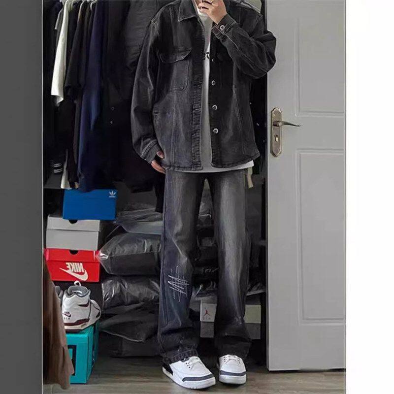 高街修身裤子美式直筒男款牛仔裤vibe潮牌黑色刺绣泼墨复古微喇裤