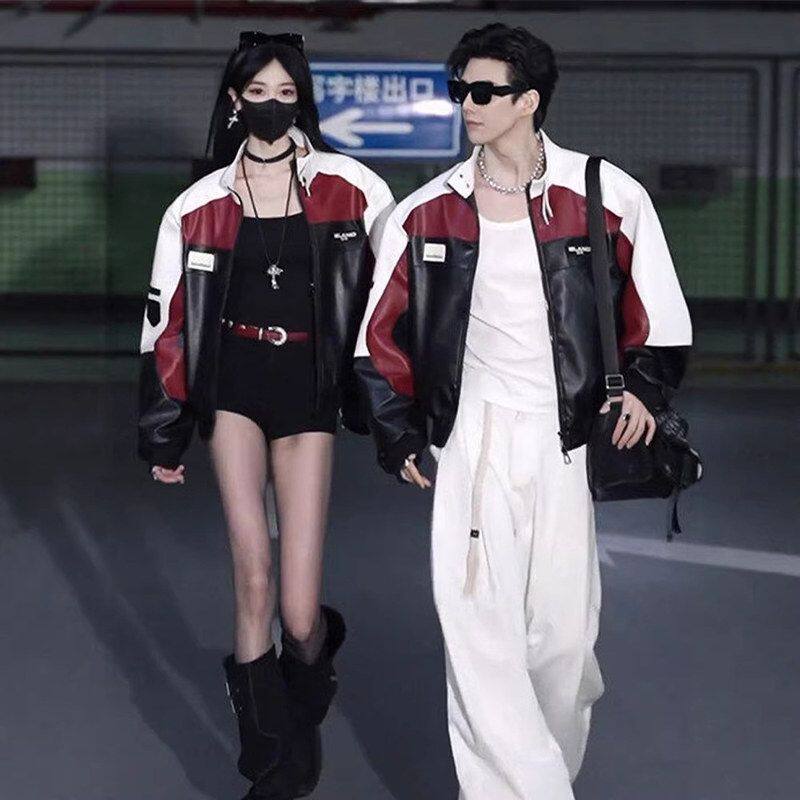 美式皮衣夹克短款拼接机车情侣复古红色外套痞帅春秋衣服男高级感