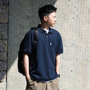 潮牌夏季日系男2023口袋T恤上衣休闲简约P衫OLO纯色翻领短袖宽松