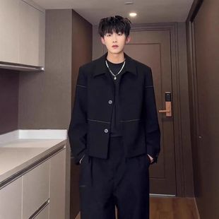 外套潮牌短款男款老钱搭垫肩香风leanfit夹克西服休闲小风穿痞帅c