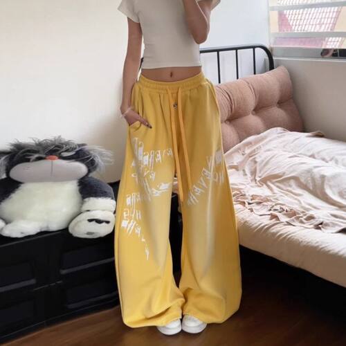 jazz宽松男女阔腿印花黄色夏裤多巴胺爵士舞休闲裤卫裤拖地运动裤