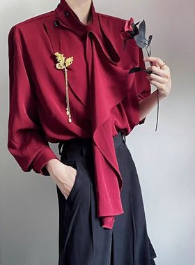 ai高领衬衫新中式半复古围巾设计感飘带mre衬衣小众Le男女风红色