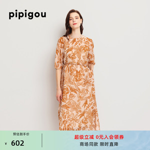 皮皮狗春夏新品碎花真丝连衣裙五分袖圆领印花桑蚕丝中袖长裙