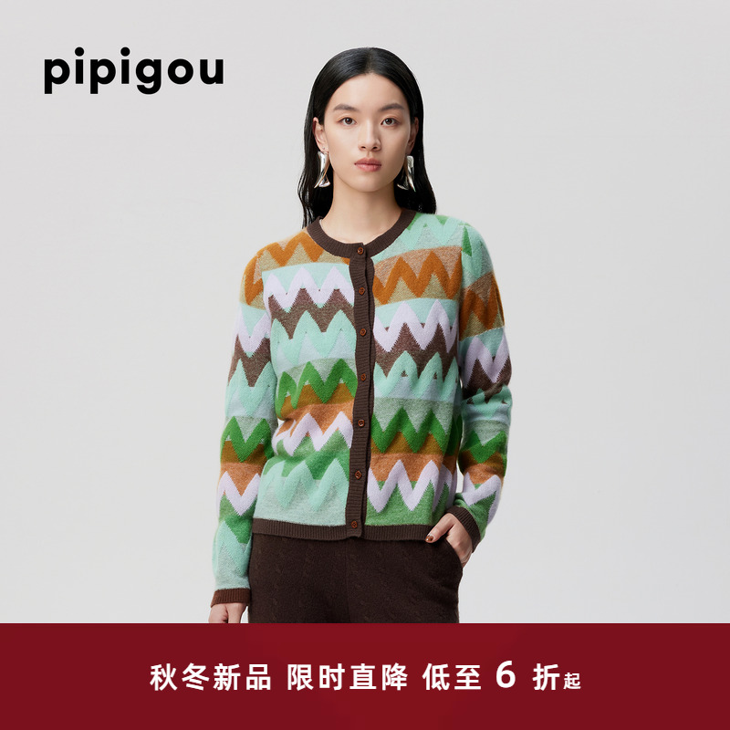 皮皮狗圆领提花羊绒开衫