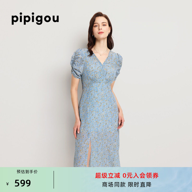 皮皮狗夏季新款V领泡泡袖高腰印花真丝连衣裙桑蚕丝中长款A字裙