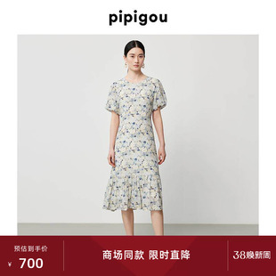 皮皮狗春夏新品圆领下摆拼接复古泡泡袖真丝碎花连衣裙