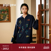 皮皮狗25秋冬新款 半门襟廓形宽松落肩连帽羊绒衫 卡通吉祥图案绣花