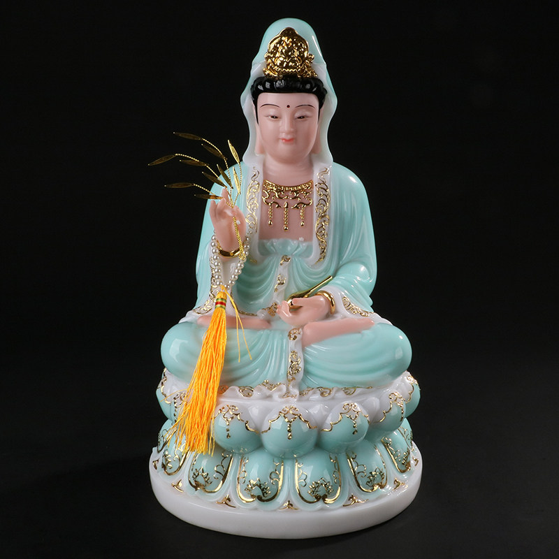 贴金汉白玉彩绘娑婆三圣观音菩萨释迦牟尼佛大愿地藏王摆件