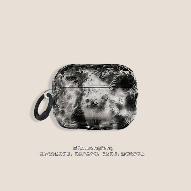 原创艺术画白色缅因猫插画适用苹果AirPods Pro3半透明亮面保护套AirPods4代Pro2无线降噪蓝牙耳机软壳二三四