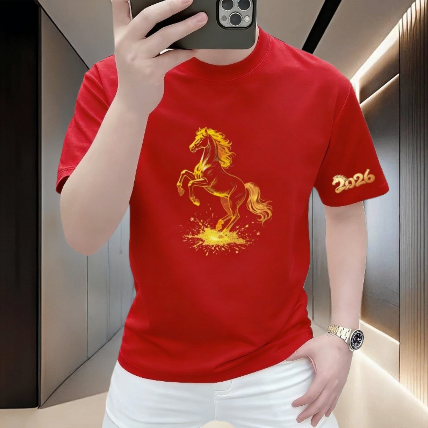 2026马年爆款纯棉骏马印花短袖t恤男士本命年红色高级感体恤上衣,男装,T恤,淘宝优惠券,粉丝福利购,淘宝优惠卷