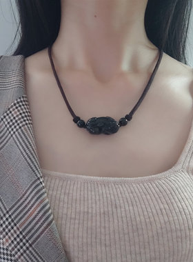 天然黑曜石粉晶貔貅情侣项链