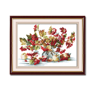 红果满堂ABV老三十字绣精准印花纯棉线绣红果瓶中景红果荚蒾