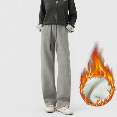 灰色加绒加厚糯米裤女宽松直筒裤