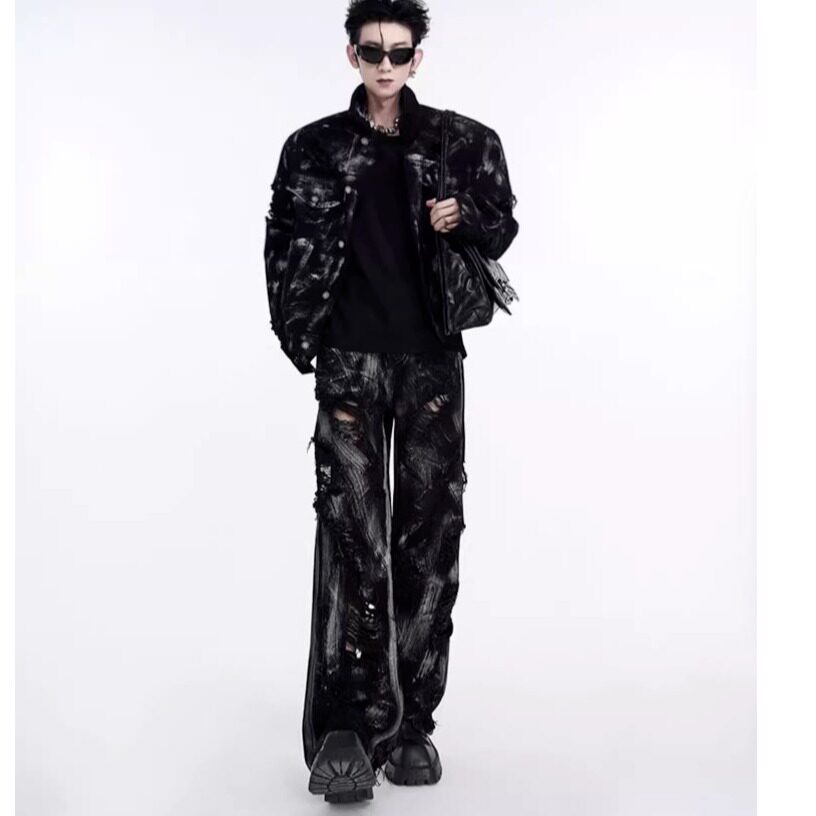 thumbnail for 美式黑暗风潮牌高级感泼墨牛仔外套男款破洞小众痞帅夹克两件套装