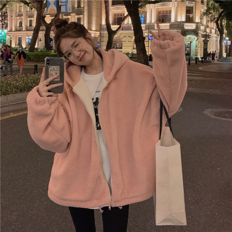 ! Real price ~ Korean loose and versatile hooded warm lamb wool casual coat