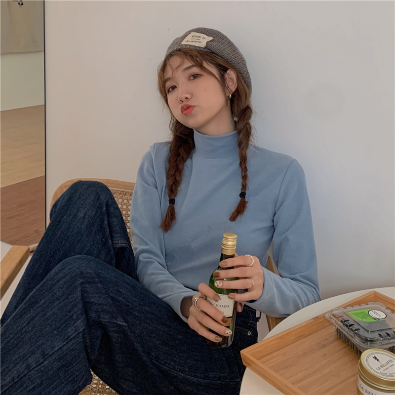 Real shot real price ~ Korean version of slim and versatile solid color hot bottomed shirt with high collar and T-shirt